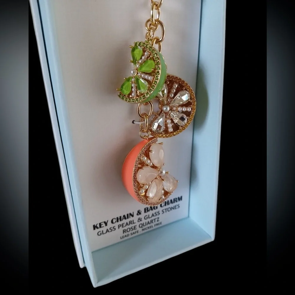 PIPER K Glass Pearls & Rose Quartz Citrus Slice Keychain Bag Purse Charm NEW NWT